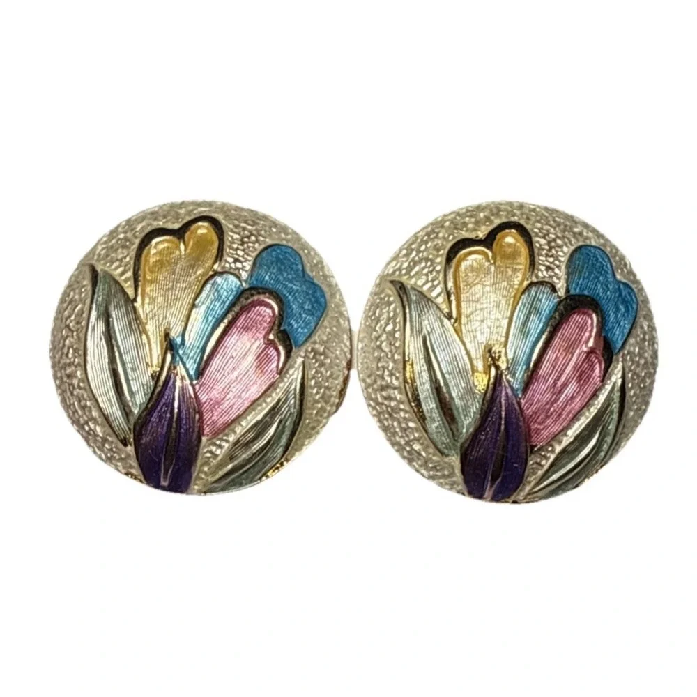 Park Lane Enamel Floral Clip On Dome Earrings Vtg‎ J-8J